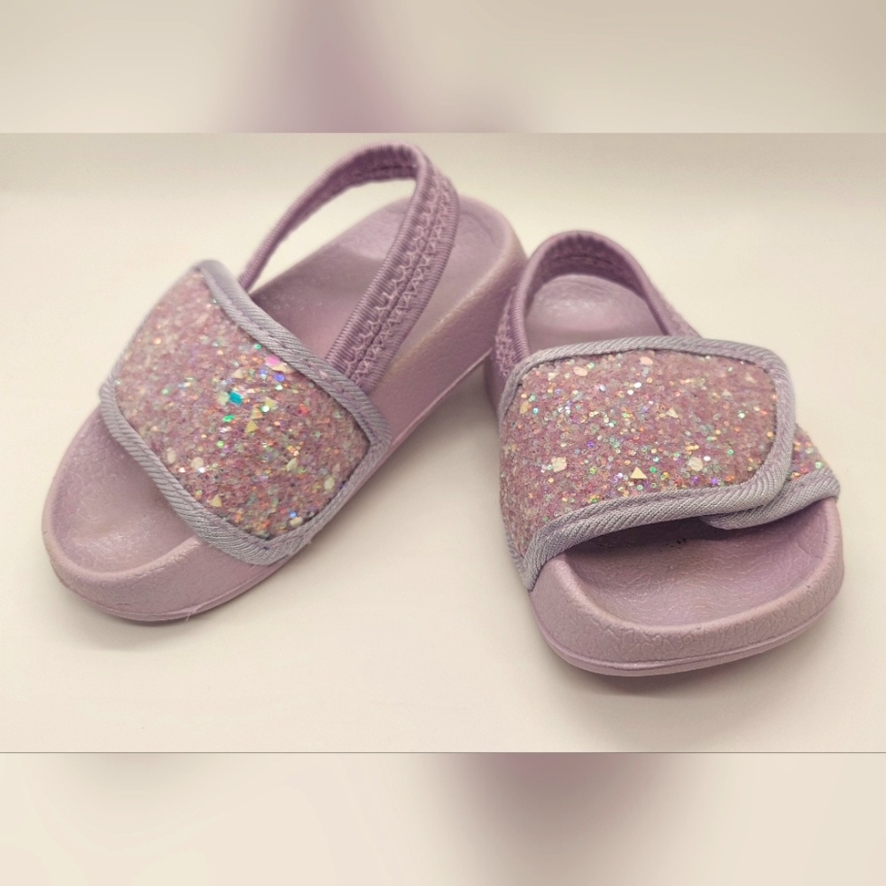 Baby Girl lightly Used purple glitter slides size 4